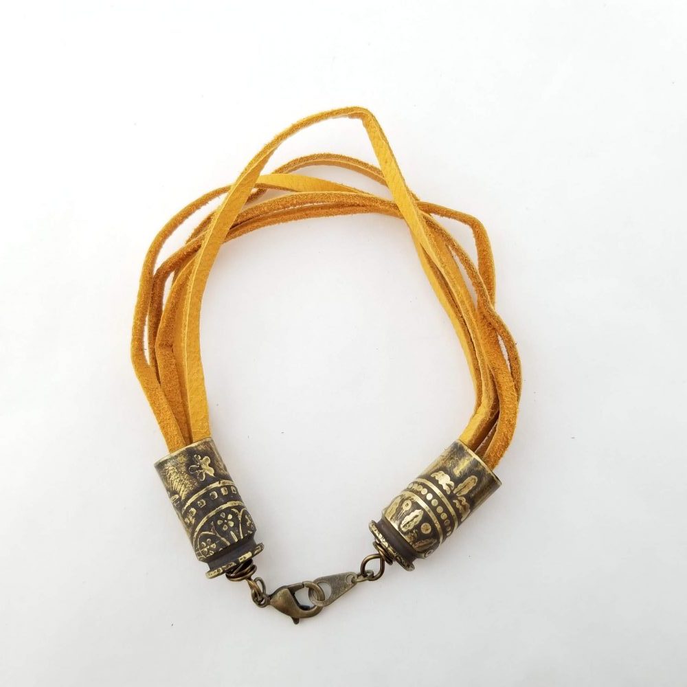 Etched Brass and Leather Lace Bracelet