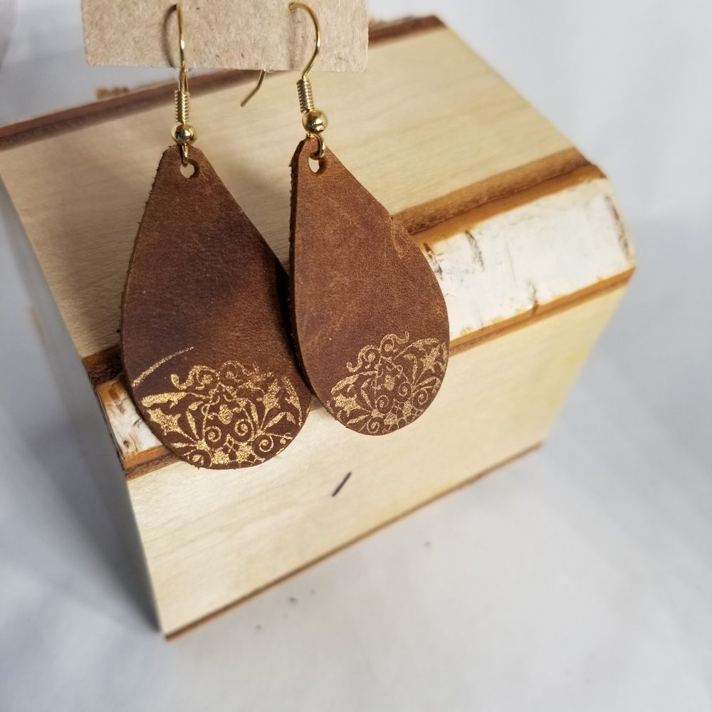 Rustic Oil Tanned Leather Tear Drop Earrings with Metallic Accents - Pattern 1