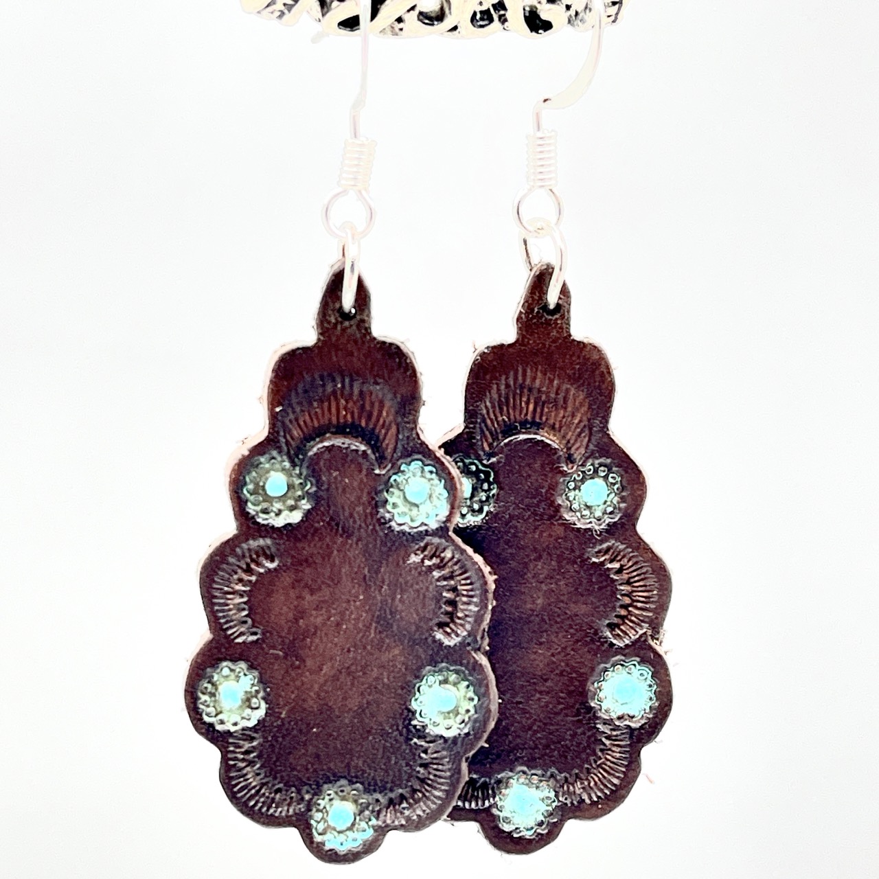 Scalloped Leather Drop Earrings with Turquoise Colored Accent