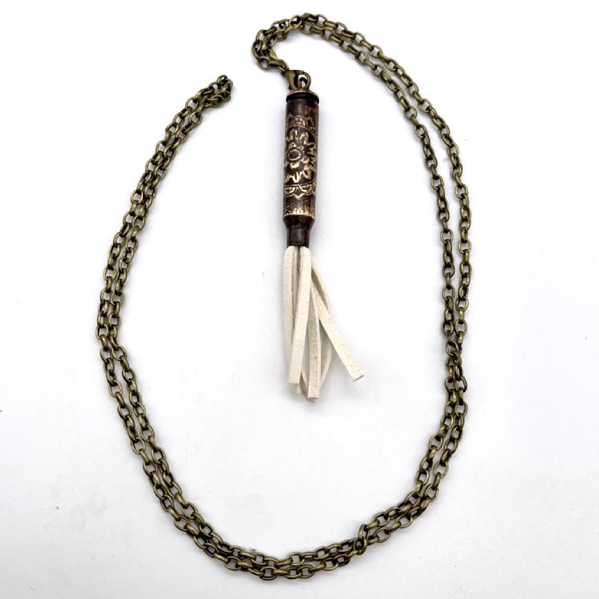 Etched Brass Necklaces with Deerskin Accents