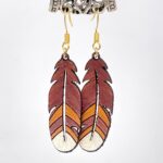 Leather Earrings - Large Feathers - Brown Yellow and White