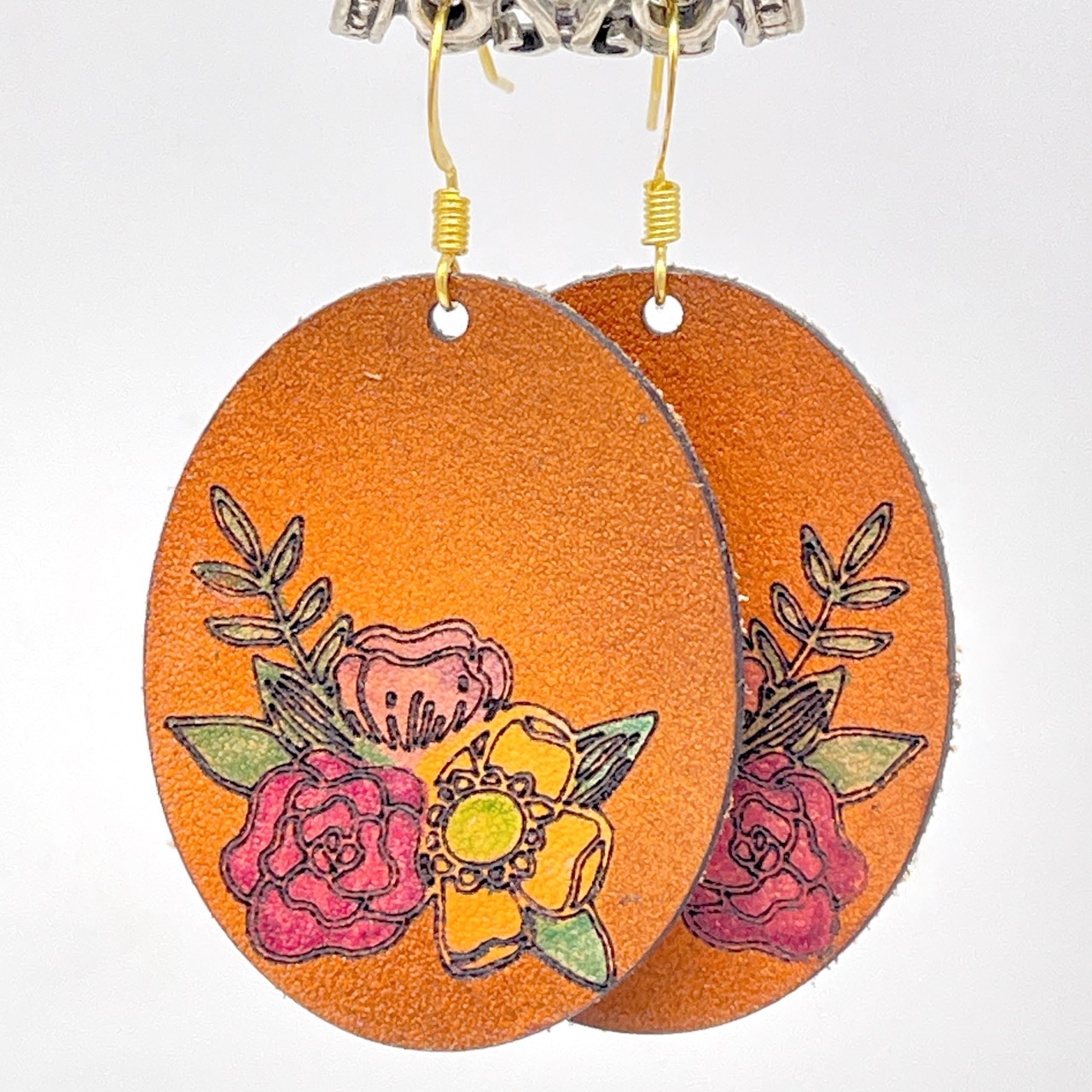 Leather Oval Flower Earrings
