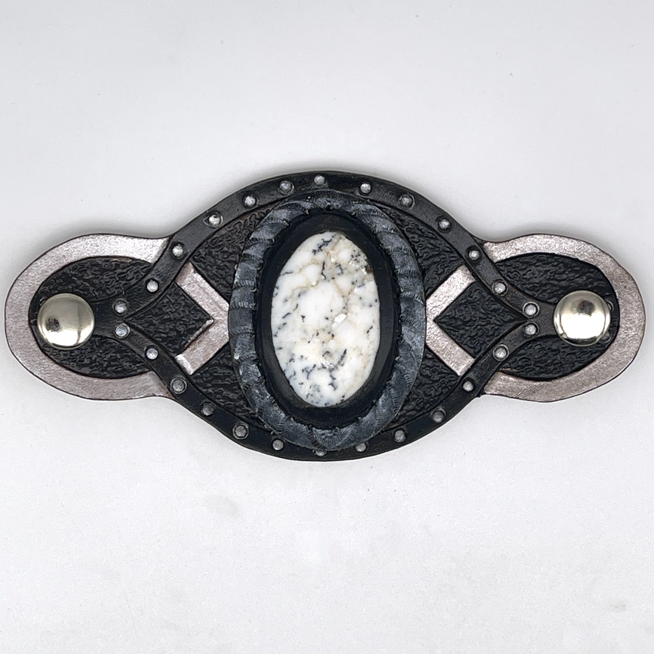 Leather and Stone Bracelet - Black and Silver with Dendritic Agate