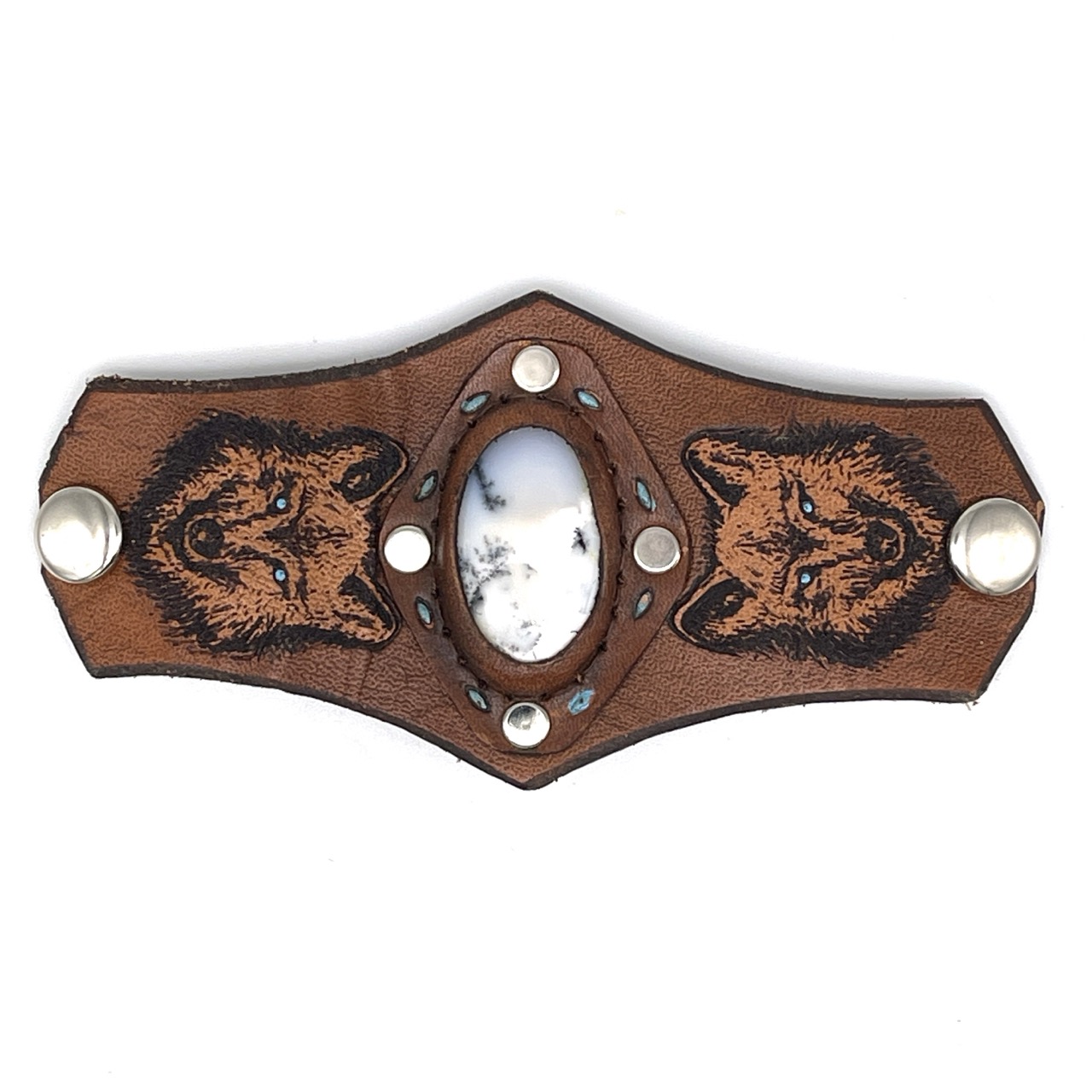 Leather and Stone Bracelet - Blue Eyed Wolf with Dendritic Agate