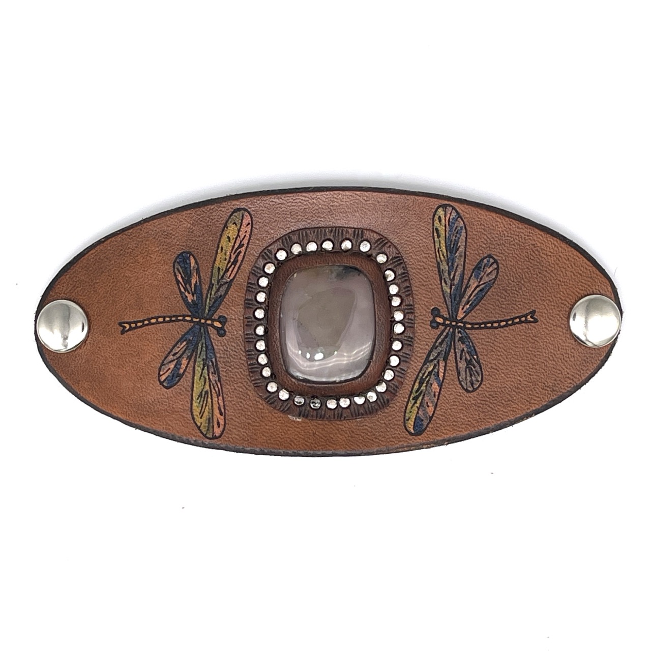 Leather and Stone Bracelet - Colorful Dragonfly with Dendritic Agate