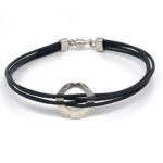 Black Leather Cord with Textured Metal Ring