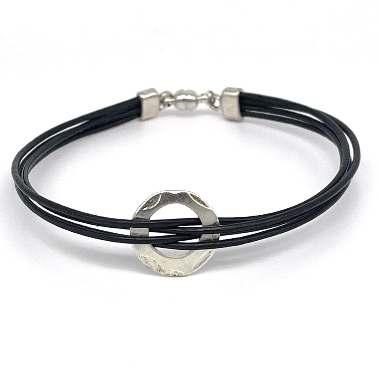 Black Leather Cord with Textured Metal Ring